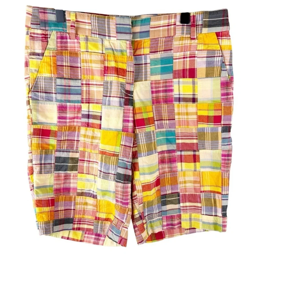 Vintage Y2K J. Crew Rainbow Madras Plaid Patchwork Bermuda Shorts - Picture 3 of 6